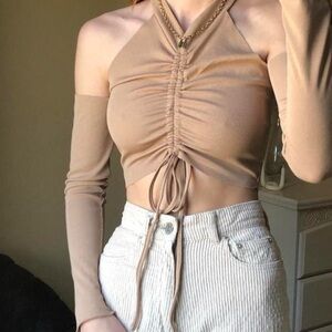 Tan / Camel Colored Cold Shoulder Long Sleeved Drawstring Top